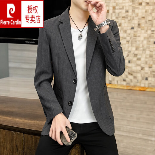 皮尔卡丹春秋季仿毛呢子西服男士外套加厚单西韩版修身上衣潮流帅气小西装 691灰色【常规】西服 L