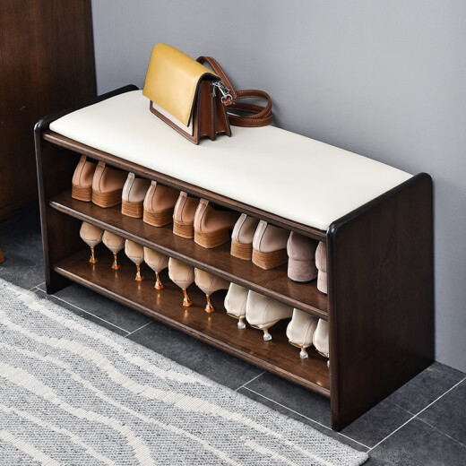 JIAYI solid wood shoe changing stool Nordic home entrance door wearing shoe stool bed end sofa bench can sit shoe stool type shoe cabinet walnut color 80CM