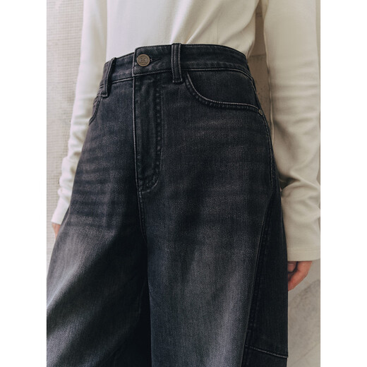 PEACEBIRD Women's Jeans High Waist Profile Scimitar Autumn and Winter Denim Velvet Banana Casual Denim Medium Black L