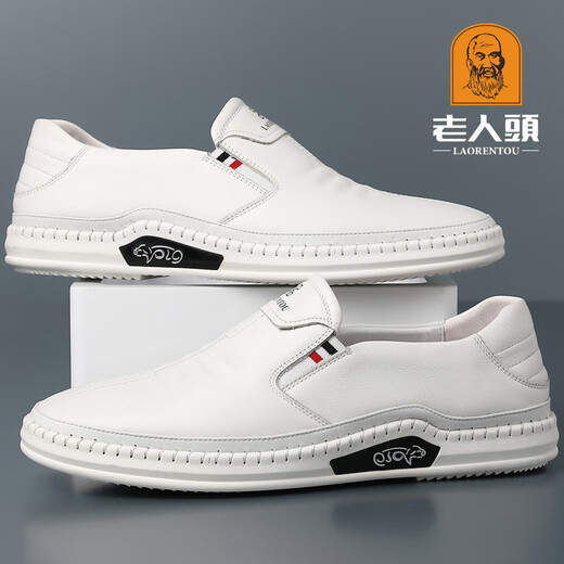 Old man's head (laorentou) old man's white leather shoes men's genuine leather head layer cowhide breathable casual white shoes one foot to put on the line dad's shoes non-slip 10503 white 41