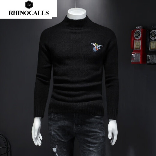 Rhinoceros Calls Trendy Men's Turtleneck Sweater Autumn and Winter New Elephant Embroidered Pullover Sweater Bottoming Shirt for Men XN-4342 Missing Black XXL