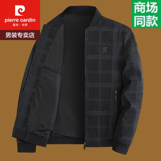 皮尔卡丹（pierre cardin）爸爸春装外套男士上衣50-60岁中青年人爷爷春秋加厚毛呢夹克 9893黑灰 180/XL