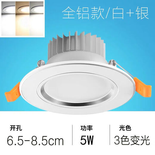 Yilin LED downlight trou lumière plafonnier salon plafond spot 3W5W tricolore gradation lumière de trou intégrée 6/7/8 cm tout en aluminium modèle blanc + argent 5W tricolore gradation