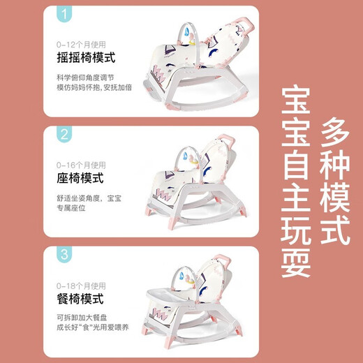 优乐博（ULOP）哄娃神器婴儿摇摇椅0-1岁宝宝玩具多功能哄睡摇椅新生儿满月礼物 粉色【餐盘+遮阳篷+万向轮】