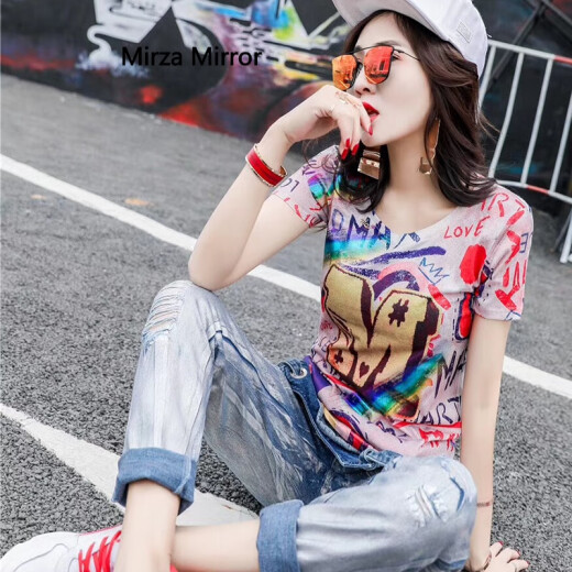 MirzaMirror short-sleeved 2020 new summer fashionable European station personalized printed t-shirt women's slim half-sleeved top trendy color M, suitable for 90-100Jin [Jin equals 0.5 kg]