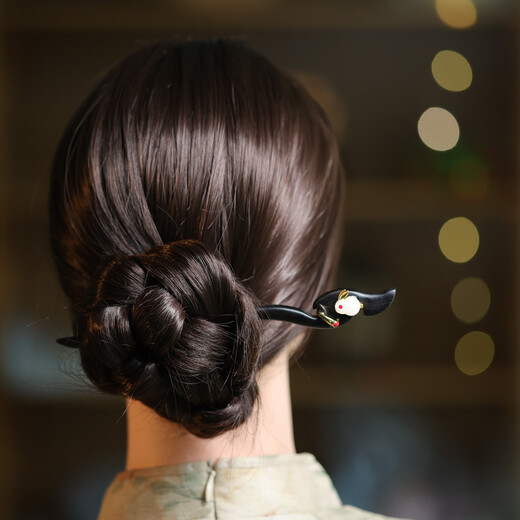 Qianbaolai Jade Rabbit Hairpin Ancient Style Hanfu Headwear Daily Cheongsam Hairpin Black Sandalwood Hairpin Cute Rabbit Hairpin Jade Rabbit Hairpin