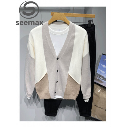 PAMPLING sweater men's Korean style simple personality contrasting cardigan jacket autumn new style young men versatile outer sweater casual loose large size sweater apricot 175/96A/XL