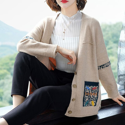 Foreign balloon knitted sweater for women in spring and autumn, new style, age-reducing, loose, flesh-covering cardigan, women's knitted sweater 9230 camel M