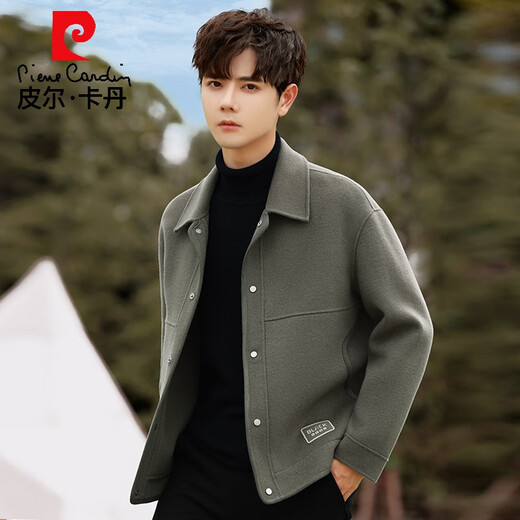 Pierre Cardin high-end solid color wool double-sided woolen coat jacket for men spring and autumn new style lapel loose casual short jacket gray green L 175