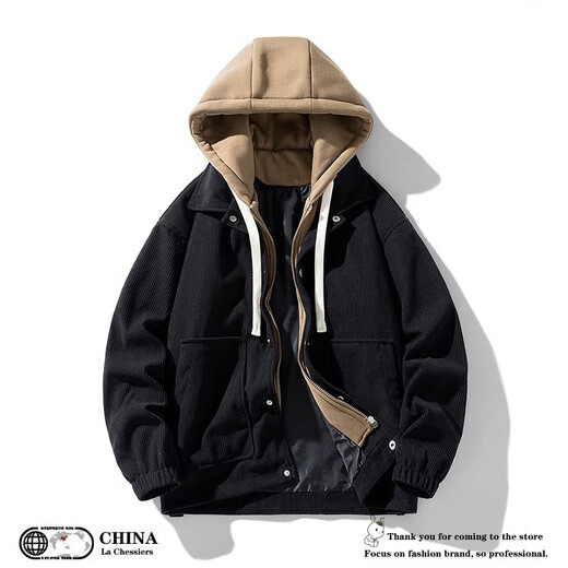 Jeanswest gefälschte zweiteilige Cordjacke für Herren im Herbst und Winter, neue trendige Marke, plus Samt, warmer Baumwollmantel, lockere Kapuzenjacke, Kleidung, Karamell plus Samt, Größe L