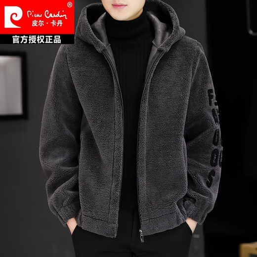 Pierre Cardin sherpa hooded jacket men's autumn and winter polar fleece plus velvet thickened warm jacket men's coat knitted hooded gray 3XL (recommended 145-160Jin Jin equals 0.5 kg)