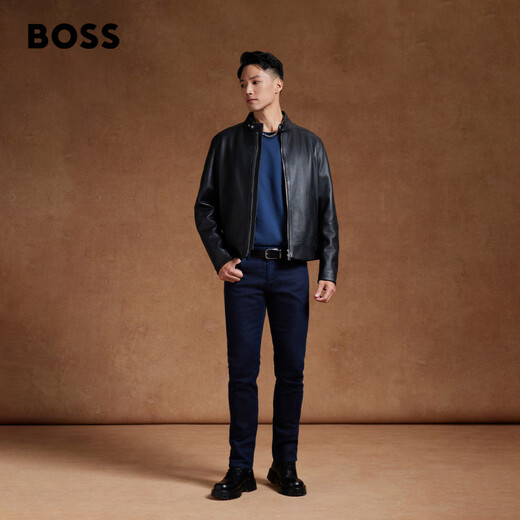 BOSS Motorcycle Style Sheepskin BOSS Men's Autumn 2024 New Stand Collar Double Zipper Retro Style Leather Jacket 001-Black 48