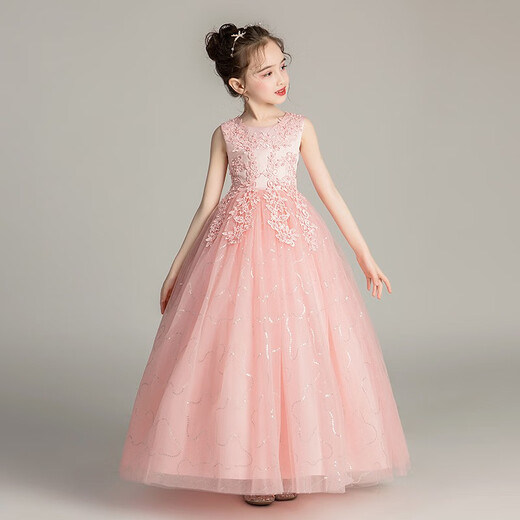 Dev Ake children's dress girl princess skirt host high-end piano performance evening dress little girl wedding summer big boy BX683 long sleeveless pink 120 (recommended 34-40 Jin [Jin equals 0.5 kg])