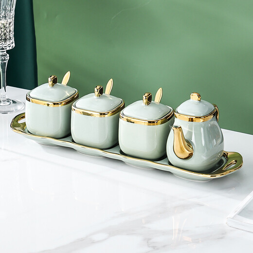 Ruishun Internet celebrity ceramic seasoning box household seasoning jar fruit green salt jar seasoning bottle set with tray spoon 3 jars 1 pot + 1 chassis + 3 spoons