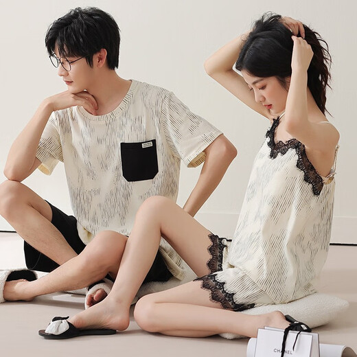裁雨留虹2套价情侣睡衣夏季吊带女性感两件套短袖背心薄款男夏天套装 dd9902 M 女+男L