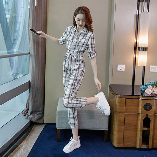 High-end star's same style square plaid overalls for women, summer mid-sleeve one-piece suit, Internet celebrity temperament, high waist, slim nine-point jumpsuit with small feet, QJ2999 plaid overalls S