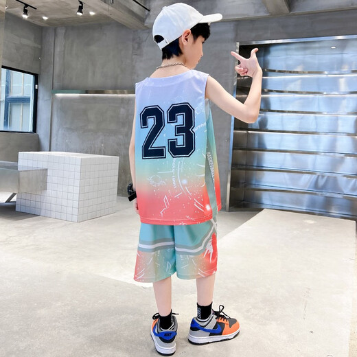 猴兄仔童装男童球服套装夏季新款儿童速干篮球服中大童时尚运动无袖背心短裤两件套男孩衣服3-15岁 蓝色 150(建议身高140CM左右)