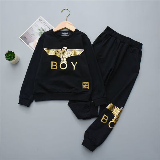 CENTURYBOY autumn and winter style children's sports suit trendy brand BOY new girls and boys plus velvet eagle sweatshirt and sweatpants children's clothing black gold suit spring and autumn thin section (one size smaller) 120cm