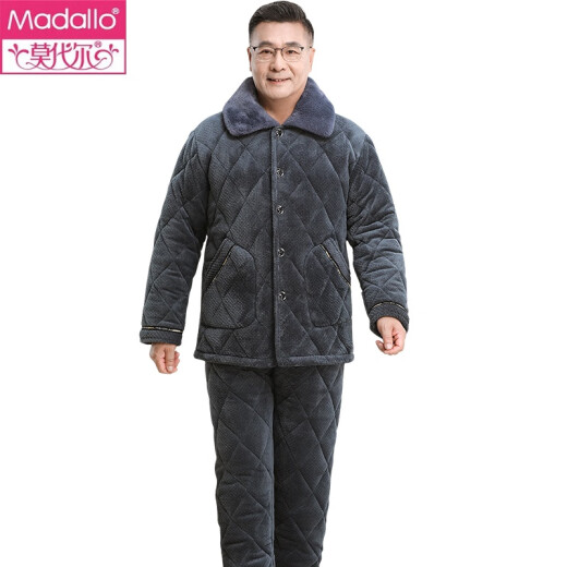 莫代尔睡衣男士冬季加厚加绒珊瑚绒夹棉三层保暖中老年人爸爸家居服套装 加厚加绒蓝色695中长款 XL (建议120-140斤)