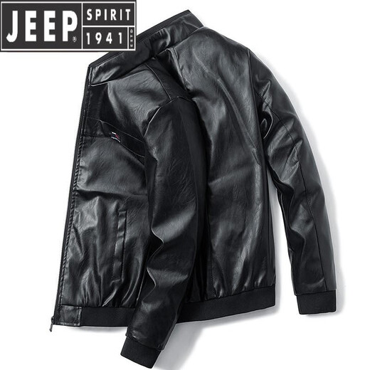 JEEP SPIRIT皮衣外套男春秋新款工装百搭衣服休闲潮牌男装秋冬加绒冲锋皮夹克 9923黑色 L