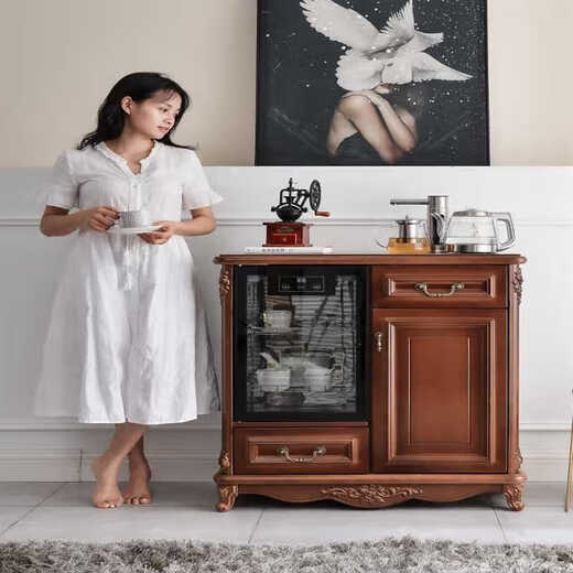 He Jiangong Tea Bar Machine Integrated Cabinet European Tea Cabinet European Solid Wood Tea Bar Machine Home Fully Automatic American Intelligent New CZZ9905/with Disinfection-Red Brown Solid Wood Three-door Style Ice Heat