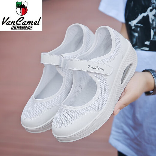 Western Camel (VANCAMEL) zapatos de enfermera blancos de malla de verano para mujer desodorante transpirable hueco zapatos mecedores de suela gruesa zapatos deportivos de boca poco profunda zapatos de malla 699 blanco 36