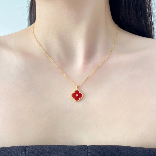 18K gold four-leaf clover diamond pendant rose gold colored gold pendant au750 gold chain set birthday gift for girlfriend red agate 18K gold color (single pendant)