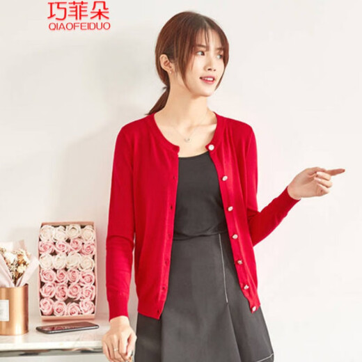 Qiaofeiduo 2021 Knitted Sweater Cardigan New Round Neck Sweater Women's Spring and Autumn Short Top with Long Sleeve Jacket Red XL