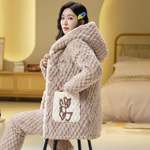 
Modal pajamas for women in winter thickened plus velvet three-layer cotton coral velvet warmth can be worn with hooded new home clothing set 6623 - Pink three-layer cotton thickened M [recommended 80-100Jin [Jin equals 0.5 kg]]