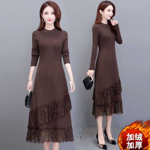 Qiao Shangshi long-sleeved dress autumn and winter 2020 women's new style waist slimming lace splicing plus velvet thickened knitted dress with coat long skirt sweater bottoming skirt for women 037 brown plus velvet S
