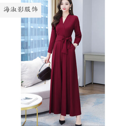 High-end quality autumn new 2020 new spring and autumn jumpsuit long jumpsuit women's suit western fashion wide leg pants high waist slim drape wine red 3XL