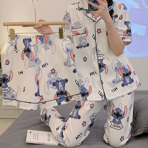 史迪仔三件套睡衣女短袖短裤长裤棉夏季2025年新款学生可爱卡通 14126#黄色拉布布 三件套 M  80-100斤