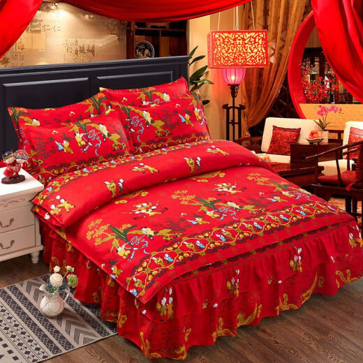 Shantou Lincun BPE Hundred Sons and Thousands of Grandsons Four-piece Set New Double-layered Lace Bedskirt Wedding Four-piece Sanded Thickened Quilt Cover Big Red Wedding Bedskirt Style (Model) - 1.5 Meter Bed Four-piece Quilt Cover 200*230