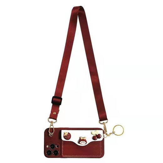 Lieehaen Apple Girl Mobile Case Crossbody Coin Wallet Cute Klein New Year's Wine Red Cartoon Mute Card Bag Sac Carte + Crossbody Lanyard - Klein 6,7 pouces - Exclusif pour Apple iPhone14Plus
