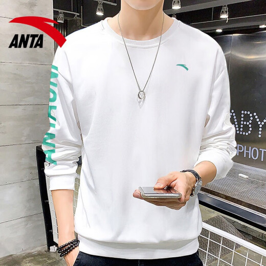 [Two-piece set] ANTA sports suit men's autumn new breathable lightweight round neck sweatshirt leggings pants running fitness basketball long-sleeved T-shirt pullover sports trousers casual clothing trend-3 pure white/retro green [sweatshirt + trousers] XS/160