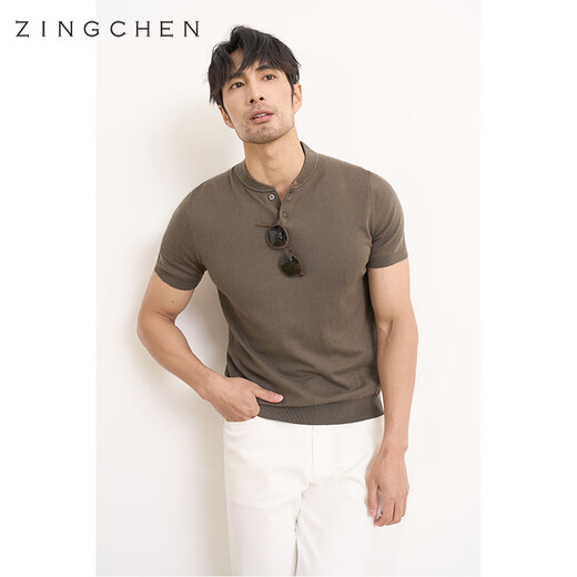 ZINGCHEN Machine washable Henry collar short-sleeved tough guy style knitted short-sleeved T-shirt men's summer men's base layer white XL