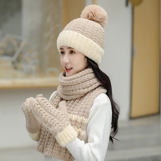 欧凡迪毛线帽子围巾手套三件套女秋冬百搭保暖冬天围脖一体两件套 卡其色 帽里加绒 帽围有弹性 一般都能戴