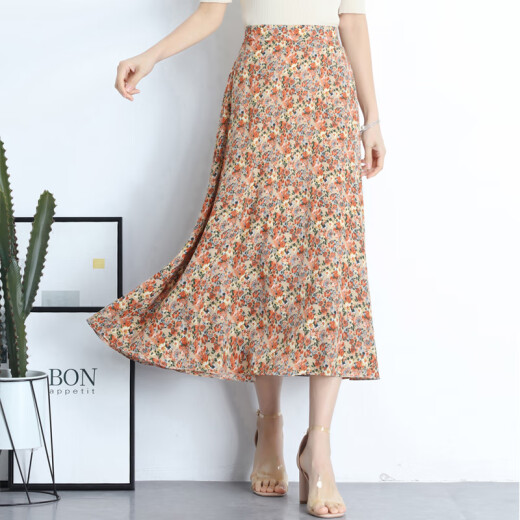 Oasi Mai chiffon skirt for women summer high waist slim floral mid-length printed fashion DF-2860 orange one size fits all