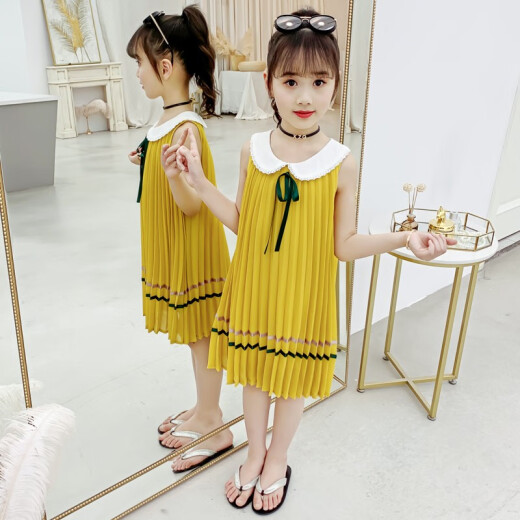 Tongyu children's clothing girls' dresses summer clothes 2021 new summer season Korean version medium and large children's style princess dress little girl vest skirt 3-14 years old trendy clothes chiffon skirt yellow 140 size recommended height 125-135cm