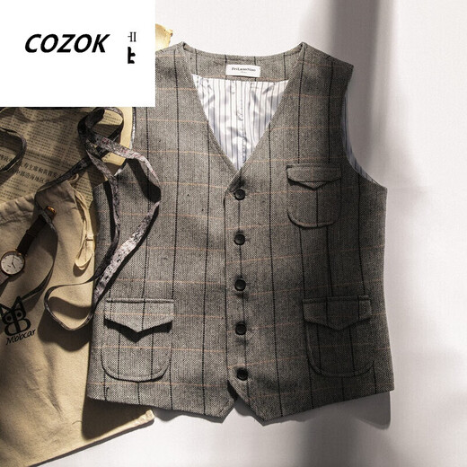 CINESSD秋冬款人字纹复古男士西装马甲粗花呢欧美咔叽英伦大码保暖背心潮 咖啡色格子 5XL