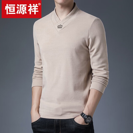 恒源祥男士双面绒德绒打底衫加绒加厚保暖t恤长袖v领内衣秋冬季新款上衣 9898红色 180 XXL