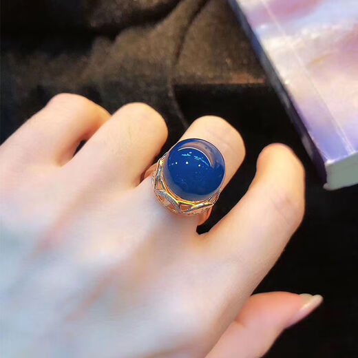 Dominican amber ring 925 silver plated rose gold pure water high blue impurity-free amber ring for women bead diameter 14mm (live ring)