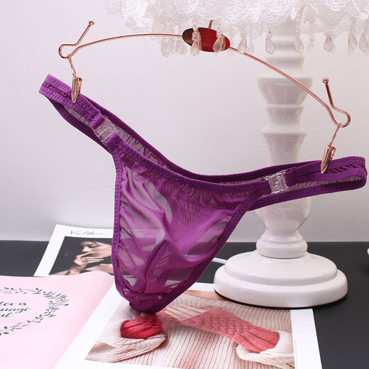 Men's thong sexy transparent solid color see-through seamless removable movable buckle temptation sexy lace t-pants sex toy purple one size