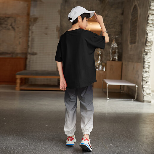 
McTicco boys summer fashion brand sports suit children 2025 new short-sleeved trousers in summer medium-sized children's trendy handsome and fashionable 1391 black + 5725 gradient color [ice silk] 150cm