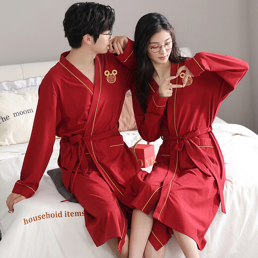 浪莎（LangSha）红色结婚情侣睡袍一男一女纯棉喜庆新婚睡衣浴袍家居服高档礼盒装 9926【礼盒装】 女L+男L