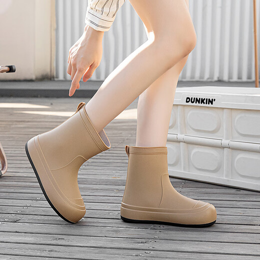 Xili Internet celebrity fashion rain boots for women new mid-tube waterproof shoes plus velvet non-slip soft sole rain boots for adults lightweight rubber shoes Khaki 38 37-38 size