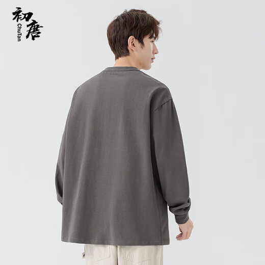 Early Tang heavyweight pure cotton long-sleeved T-shirt men's washed Henley round neck spring and autumn pullover clothes gray 2XL