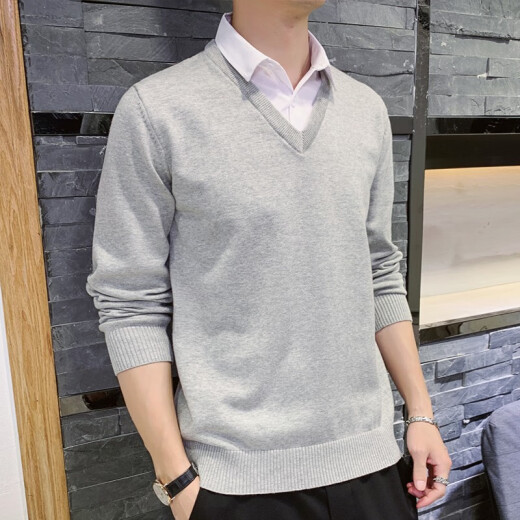 Dunya long-sleeved T-shirt men's spring new Korean slim business shirt collar fake two-piece cotton t-shirt men's sweater men's velvet thermal top bottoming shirt light gray XL