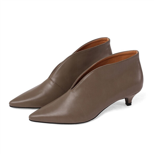 Asamachi small heel short boots for women French retro pointed toe bare boots cowhide medium heel cat heel ankle boots stiletto women's leather boots deep mouth women's shoes khaki gray 36