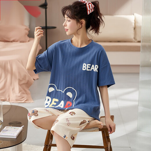 
Nanbowan Super Large Size Plus Fit Plus Large Size Women 260 Jin [Jin Equal to 0.5 kg] Home Summer PJ Special Summer Pure Cotton Short Sleeve Cropped Pants Dark Blue B9923 XXXL (160-180 Jin [Jin Equal to 0.5 kg])